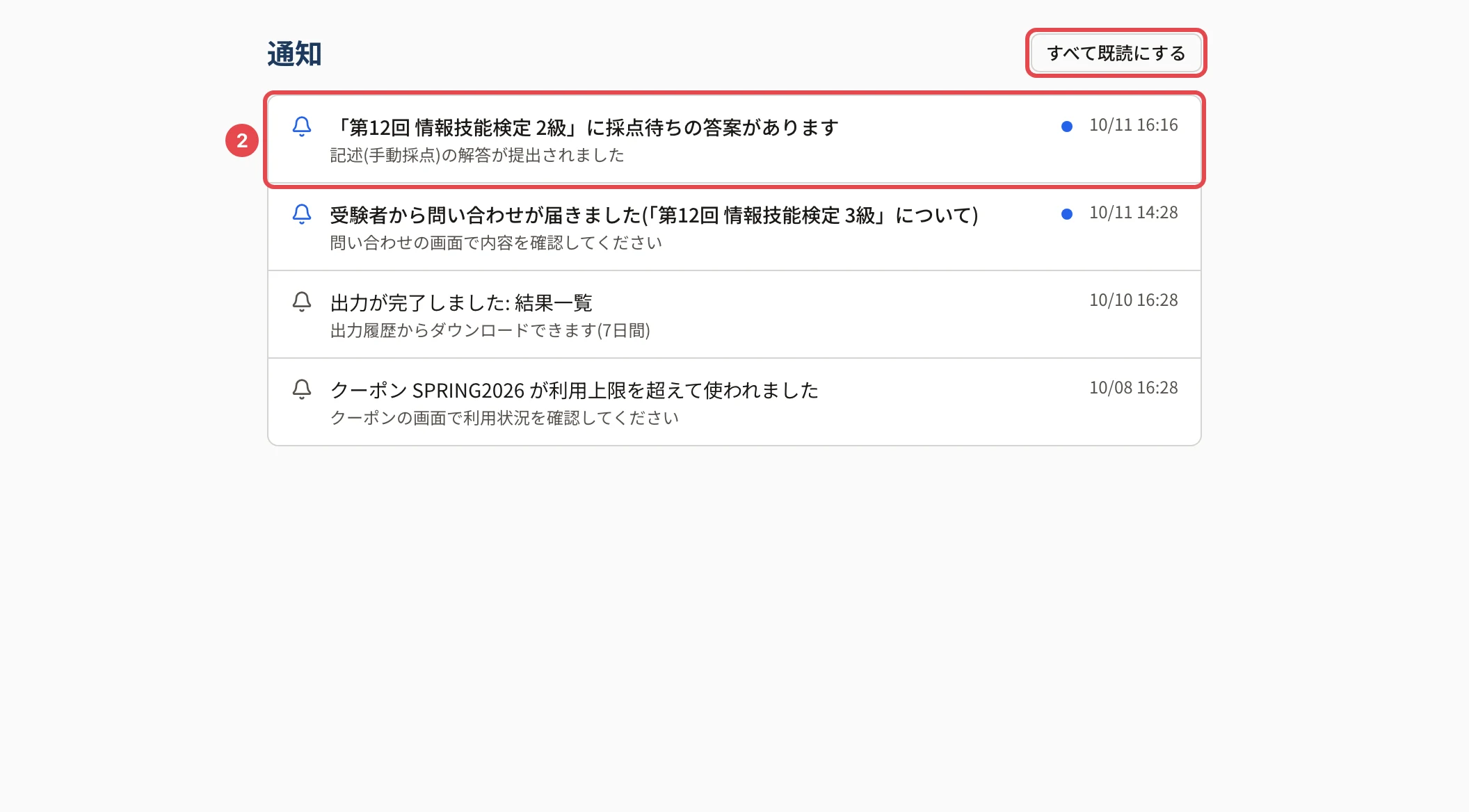 通知の一覧。未読の通知(番号 2)と「すべて既読にする」に枠
