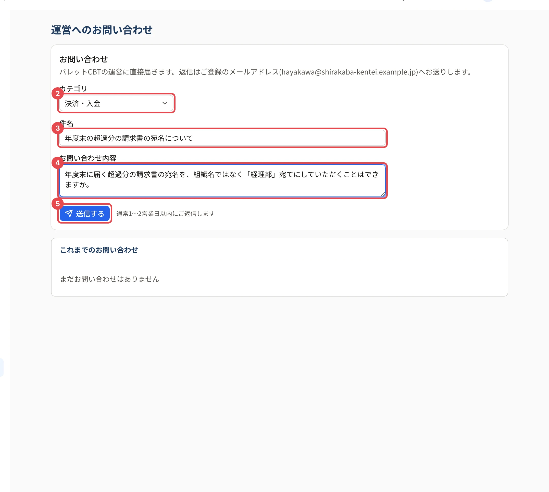 運営へのお問い合わせ。カテゴリに枠と番号 2、件名に枠と番号 3、内容に枠と番号 4、「送信する」に枠と番号 5