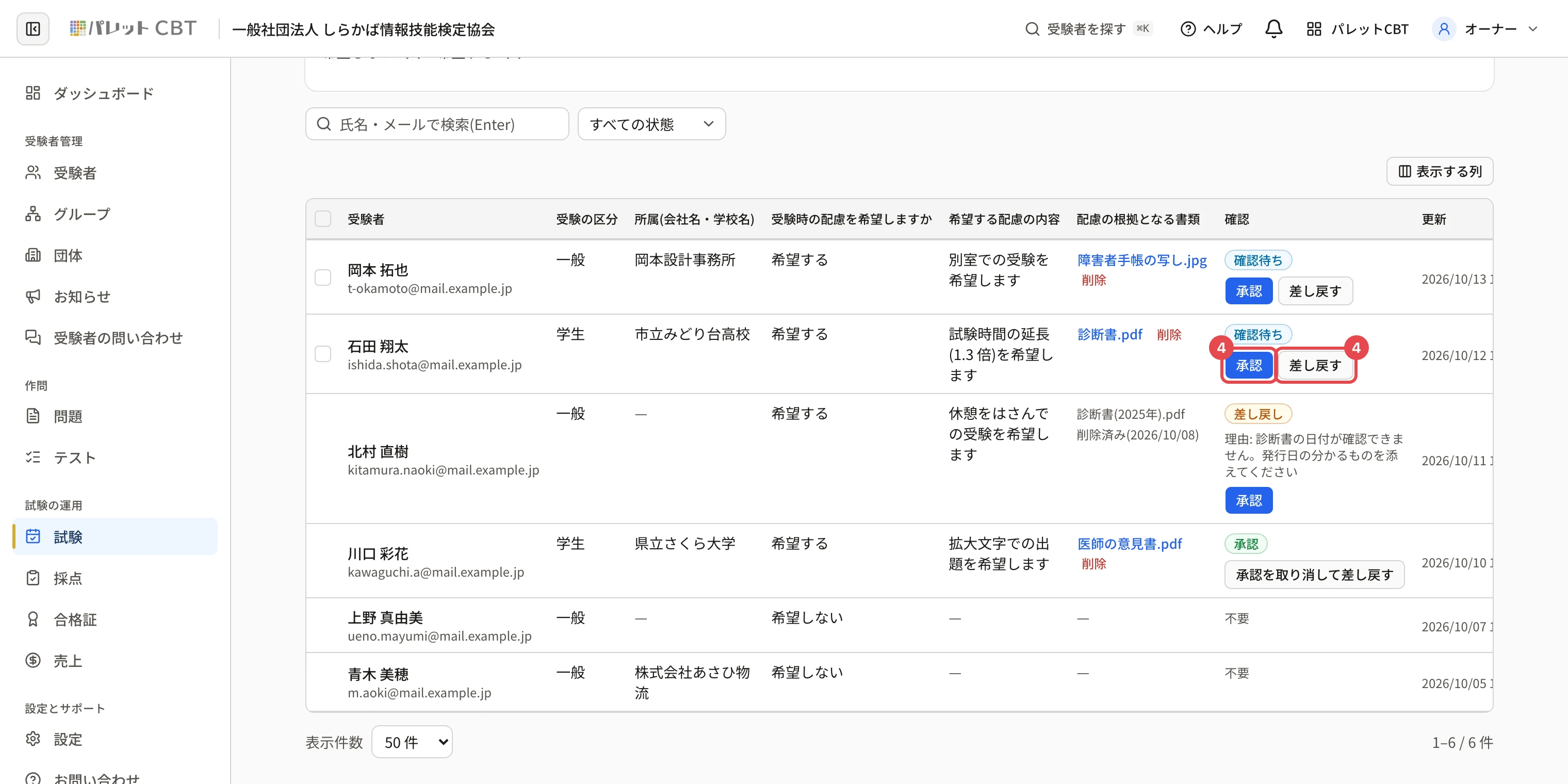 申込時の入力の画面。行の「承認」に枠と番号 4、「差し戻す」に枠と番号 4