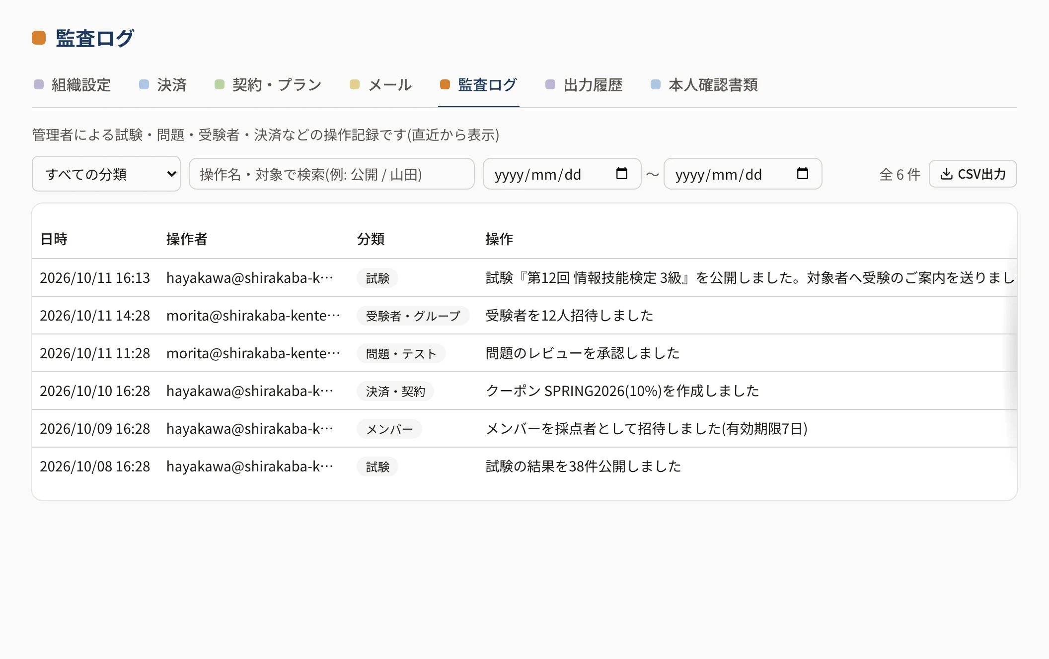 監査ログの画面。分類・検索・期間と、日時・操作者・分類・操作の表(詳細は横に動かすと出ます)