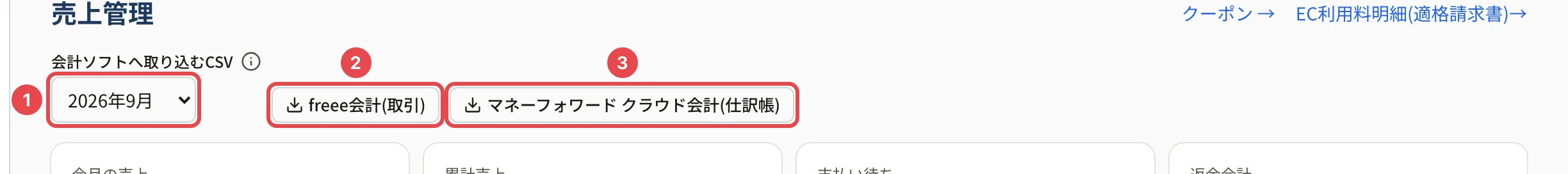 売上の画面の「会計ソフトへ取り込むCSV」。月の欄に枠と番号 1、「freee会計(取引)」に枠と番号 2、「マネーフォワード クラウド会計(仕訳帳)」に枠と番号 3