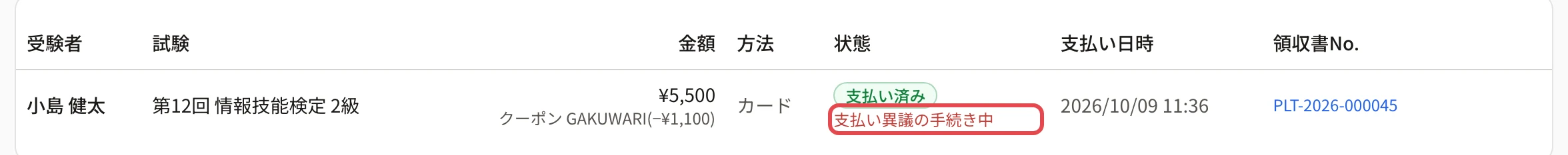 売上の画面で異議の手続き中の注文。状態の「支払い済み」の下の「支払い異議の手続き中」に枠