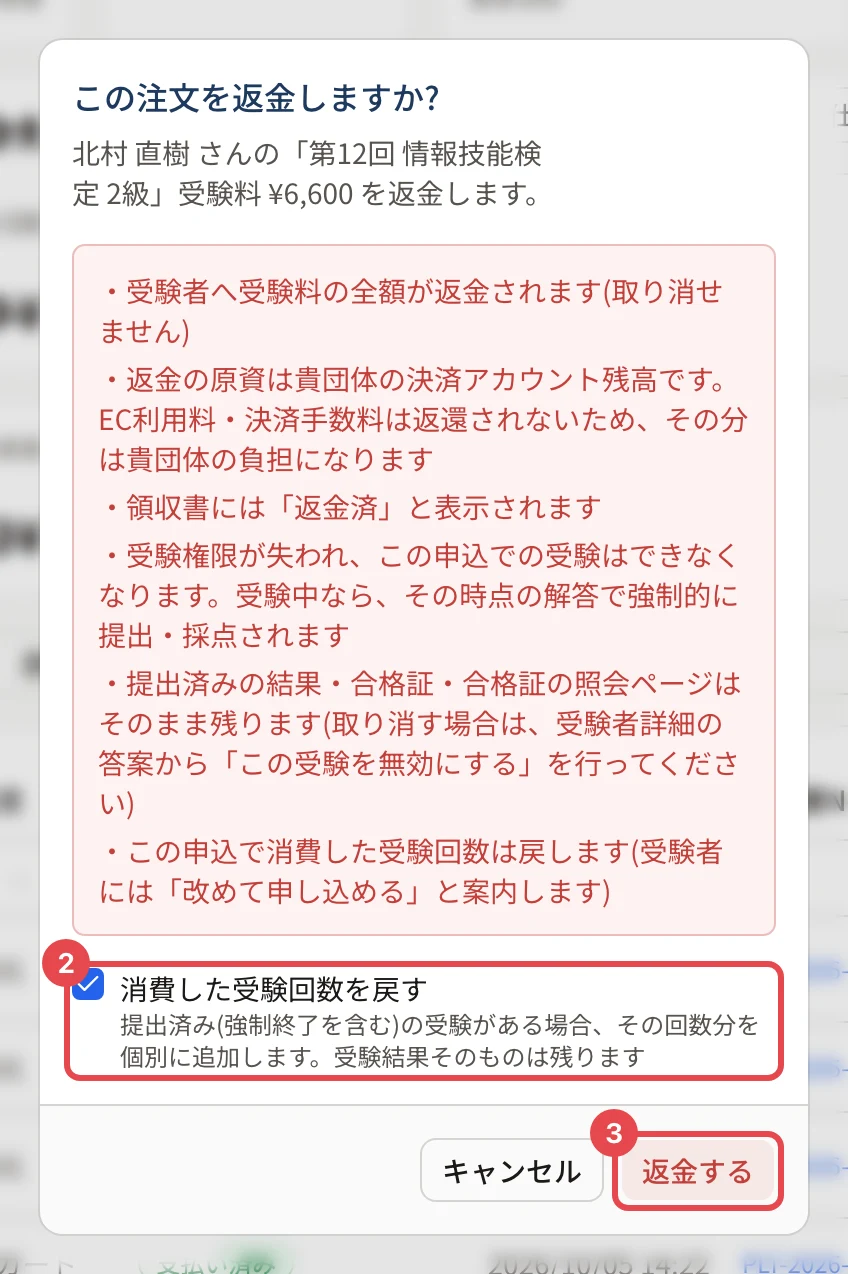 「この注文を返金しますか?」の画面。「消費した受験回数を戻す」に枠と番号 2、「返金する」に枠と番号 3