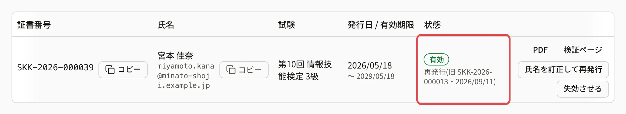 宮本 佳奈さんの行。状態の下の「再発行(旧 SKK-2026-000013・日付)」に枠