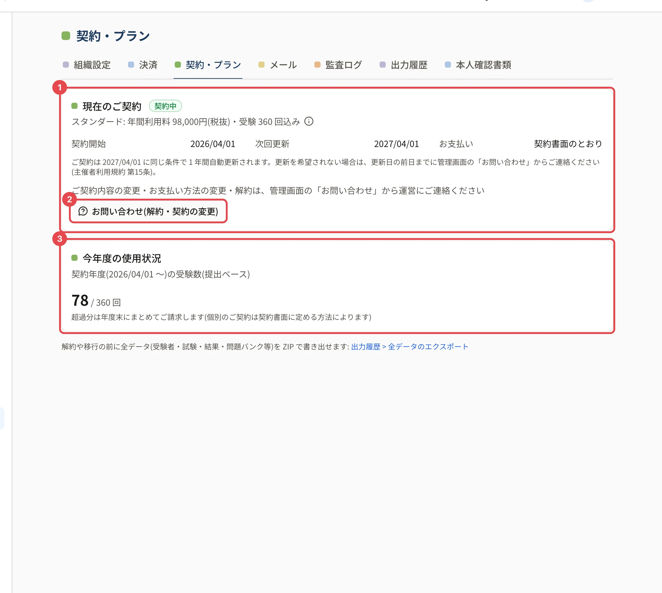 契約・プランの画面。現在のご契約に枠と番号 1、手続きの入口に枠と番号 2、今年度の使用状況に枠と番号 3