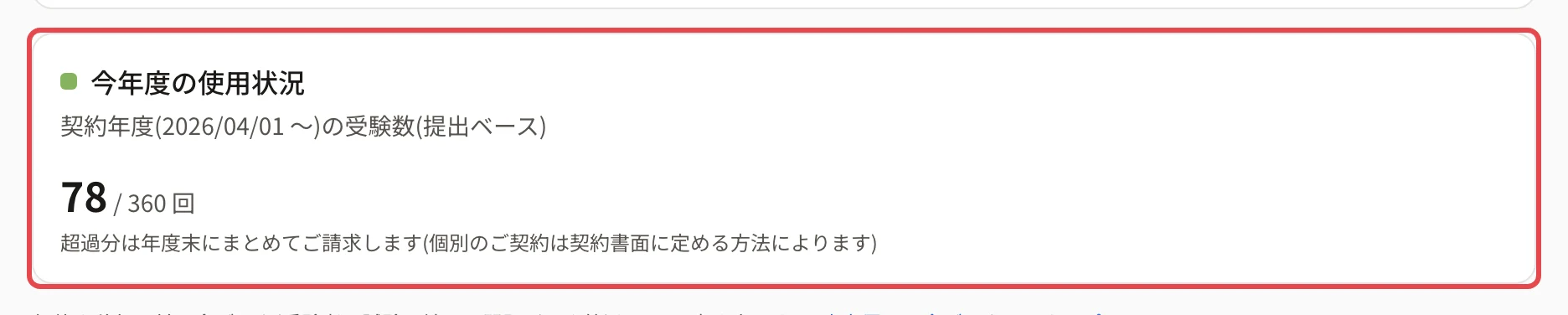 契約・プランの「今年度の使用状況」(78 / 360 回)に枠