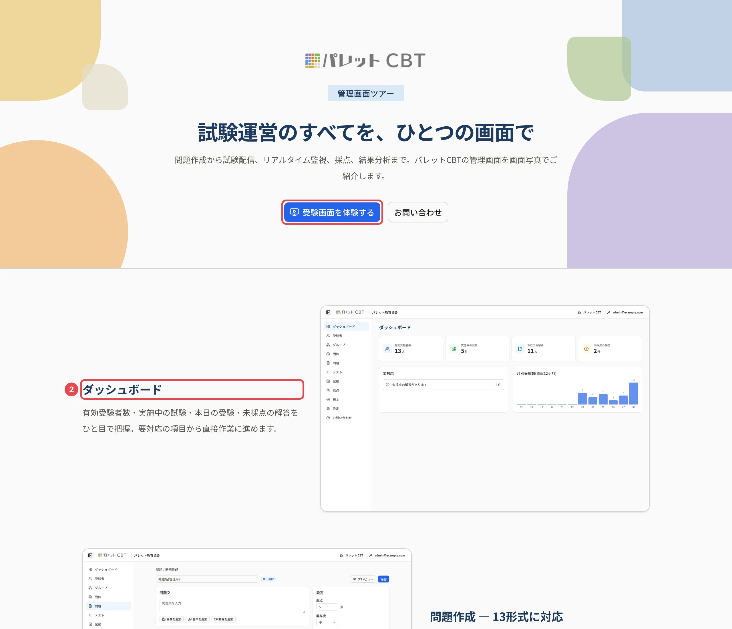 管理画面ツアーの画面。「受験画面を体験する」に枠、最初の機能の見出し「ダッシュボード」に枠と番号 2 と、その画面写真