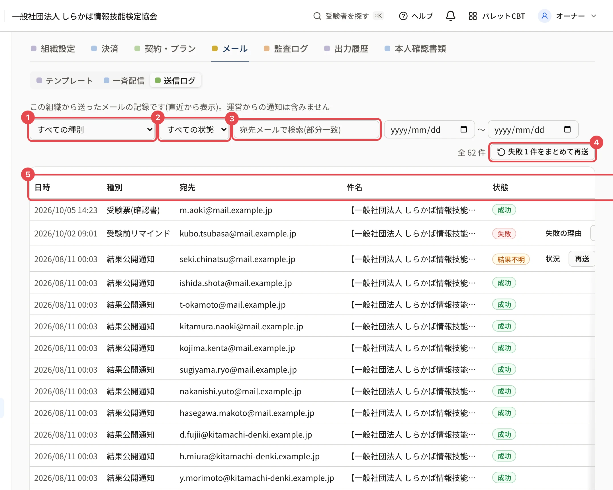 送信ログの画面。番号 1〜5