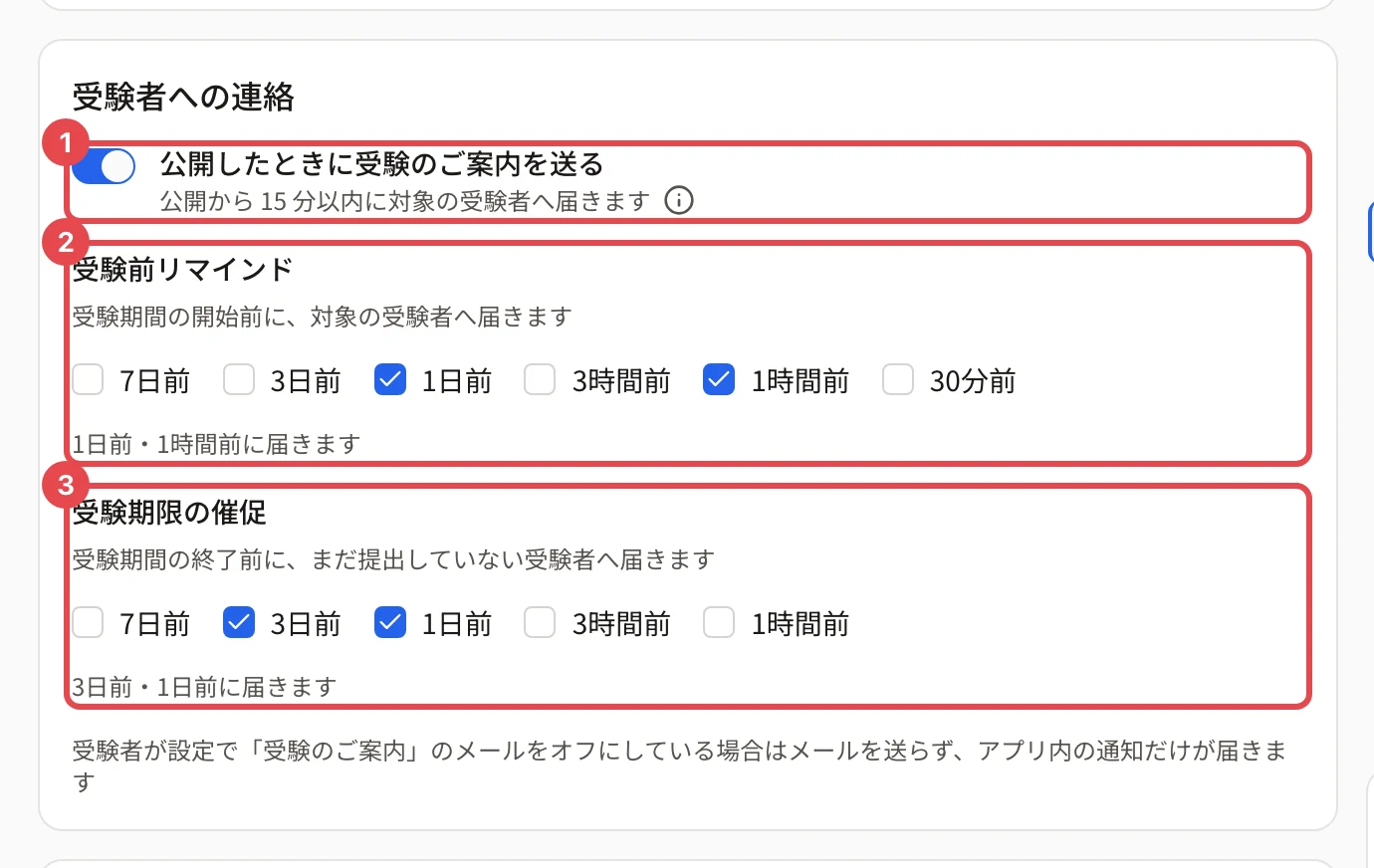 「受験者への連絡」のカード。「公開したときに受験のご案内を送る」に枠と番号 1、「受験前リマインド」に枠と番号 2、「受験期限の催促」に枠と番号 3