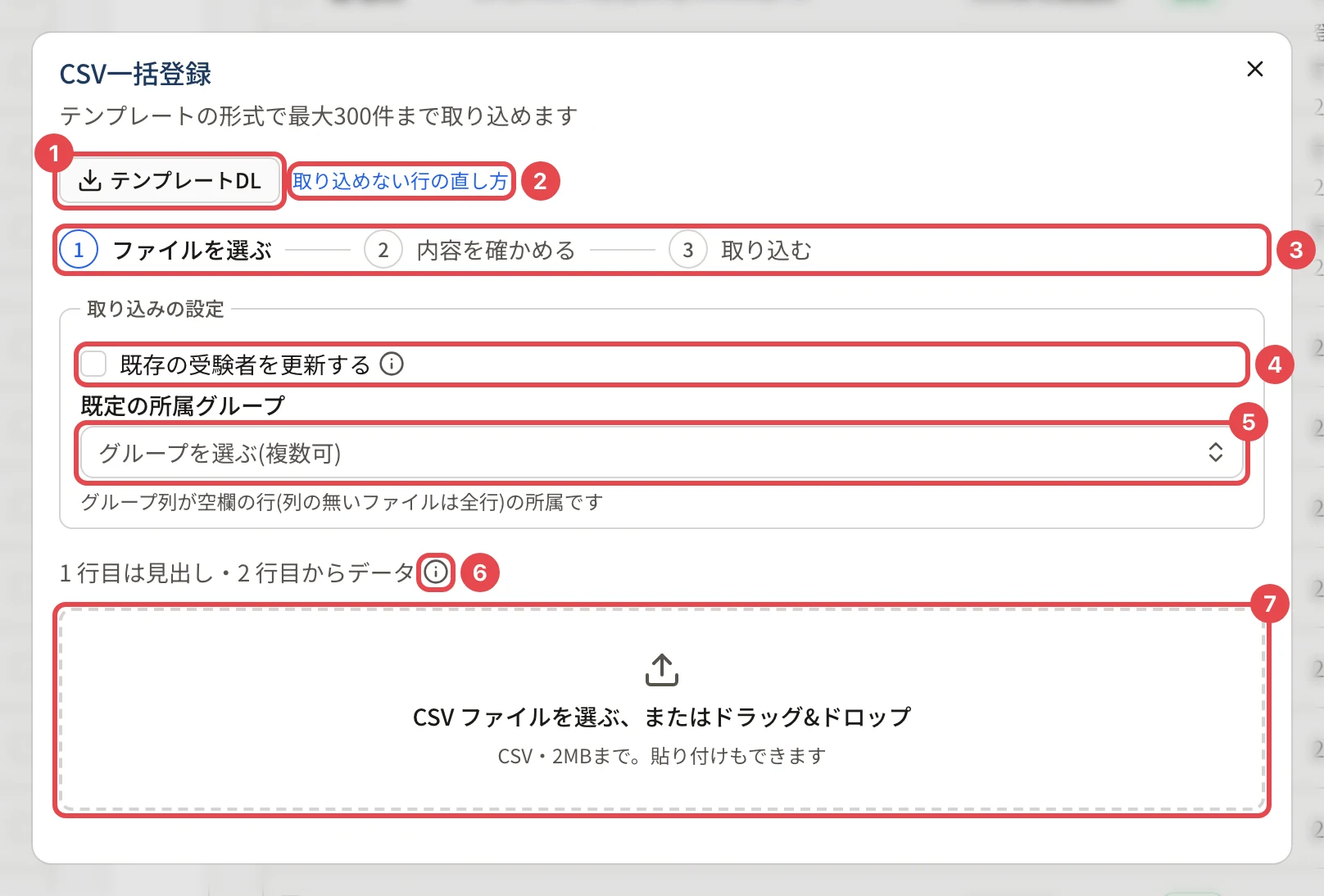 CSV一括登録のダイアログ。「テンプレートDL」に番号 1、「取り込めない行の直し方」に番号 2、手順の表示に番号 3、「既存の受験者を更新する」に番号 4、「既定の所属グループ」に番号 5、「i」に番号 6、ファイルを選ぶ枠に番号 7