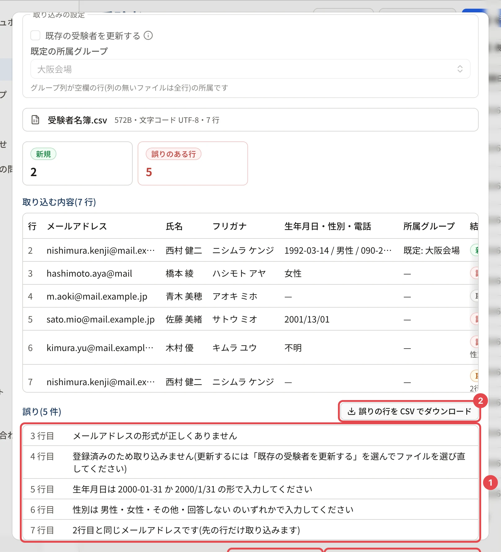 誤りのある行を含むファイルの確かめ。「新規 2」「誤りのある行 5」が出て、誤りの一覧(3 行目 メールアドレスの形式が正しくありません、4 行目 登録済みのため取り込みません…、5 行目 生年月日は…、6 行目 性別は…、7 行目 2行目と同じメールアドレスです…)に枠と番号 1、「誤りの行を CSV でダウンロード」に枠と番号 2、「ファイルを選び直す」に枠と番号 3、「誤りの 5 行を除いて 2 行を取り込む」に枠と番号 4