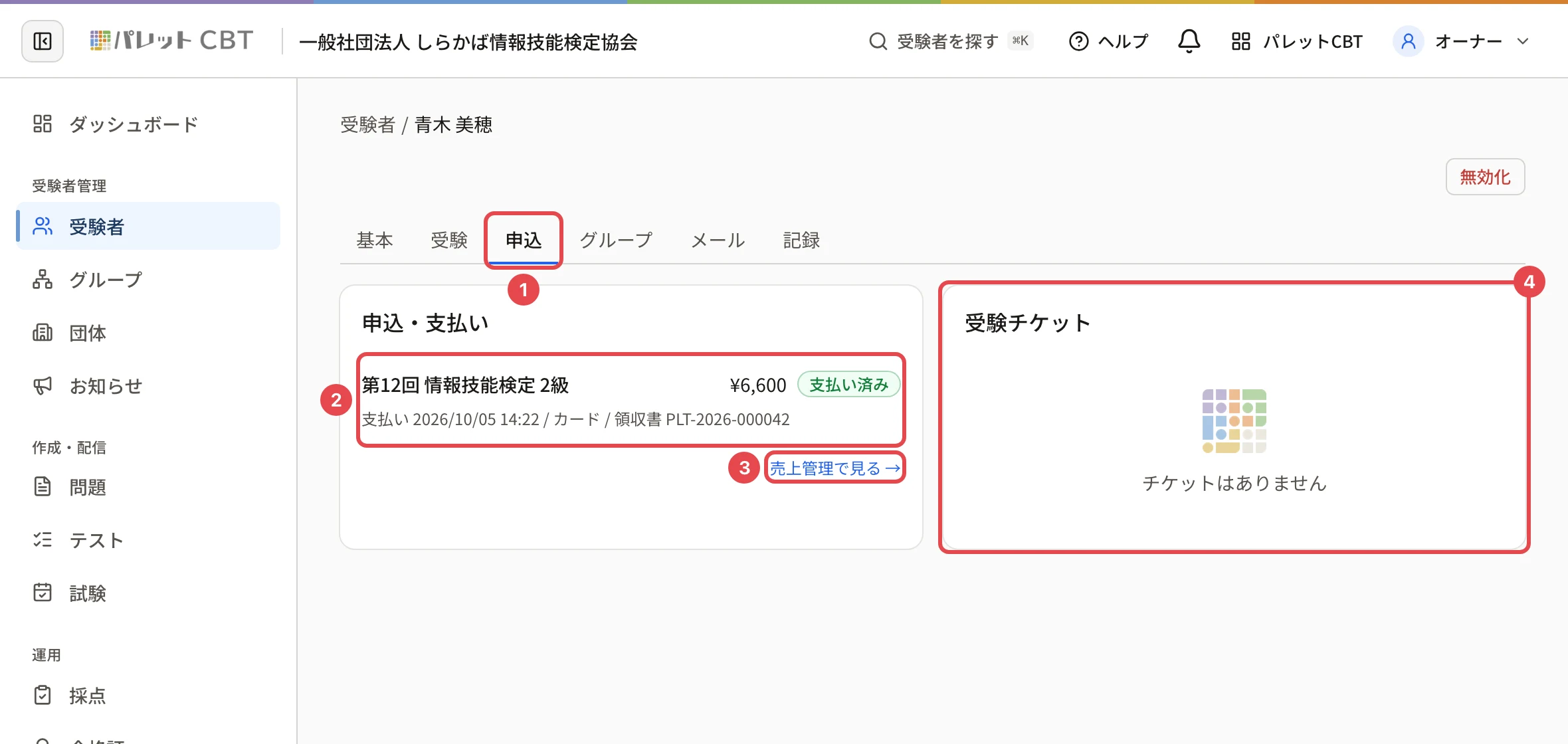 受験者の詳細の「申込」タブ。タブの「申込」に枠と番号 1、申込・支払いの行(第12回 情報技能検定 2級 ¥6,600 支払い済み、支払い 日時 / カード / 領収書 PLT-2026-000042)に枠と番号 2、「売上管理で見る →」に枠と番号 3、受験チケットのカード(チケットはありません)に枠と番号 4