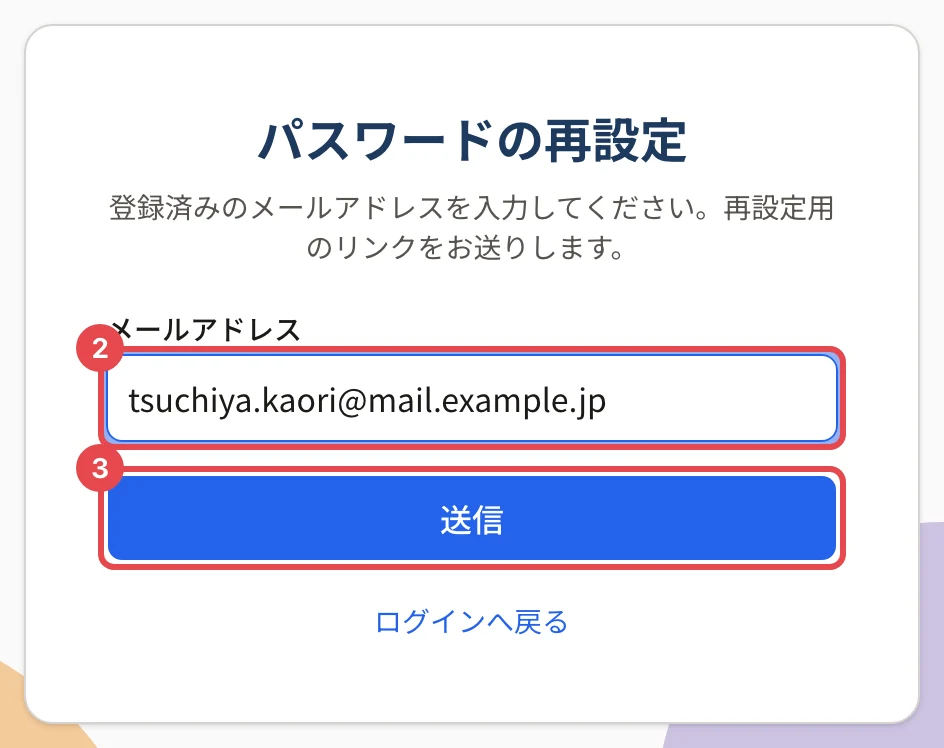 パスワードの再設定の画面。メールアドレスに枠と番号 2、「送信」に枠と番号 3