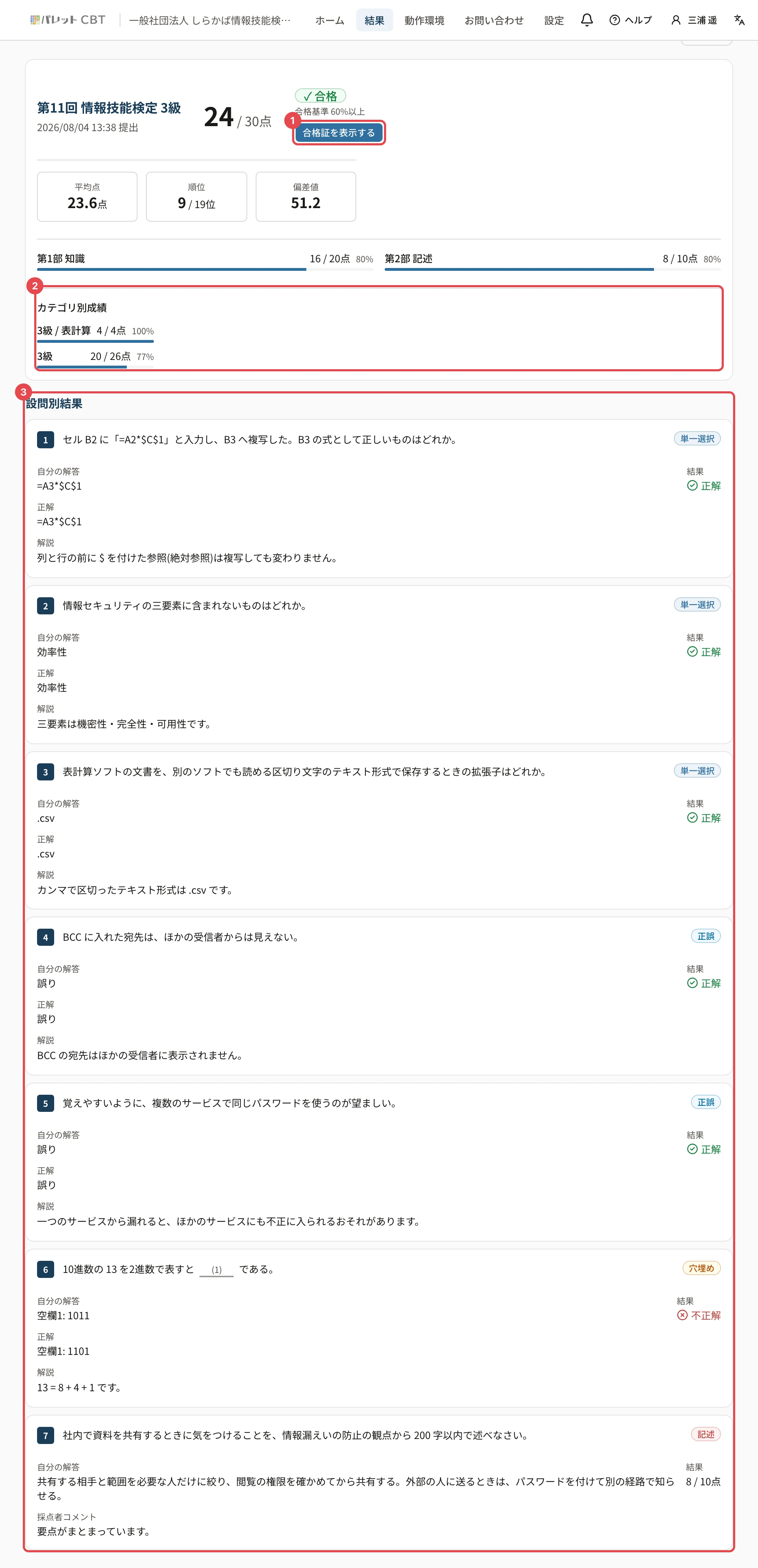 結果詳細。「合格証を表示する」に枠と番号 1、カテゴリ別成績に枠と番号 2、設問別結果に枠と番号 3
