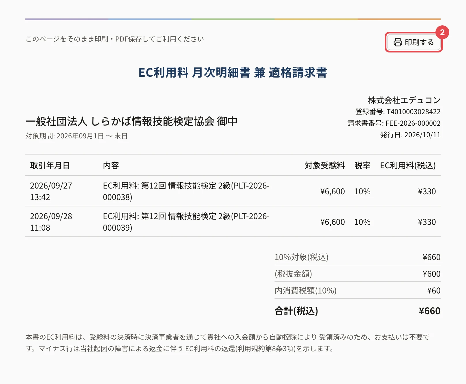 EC利用料 月次明細書 兼 適格請求書。「印刷する」に枠と番号 2