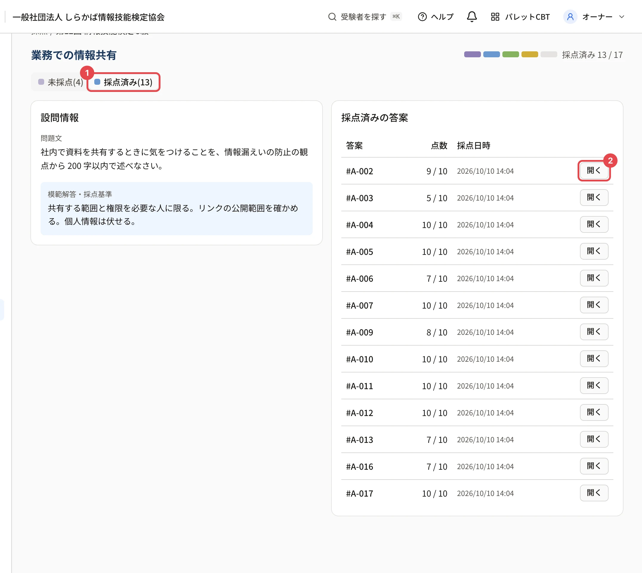 採点済みのタブ。「採点済み」のタブに枠と番号 1、答案の行の「開く」に枠と番号 2