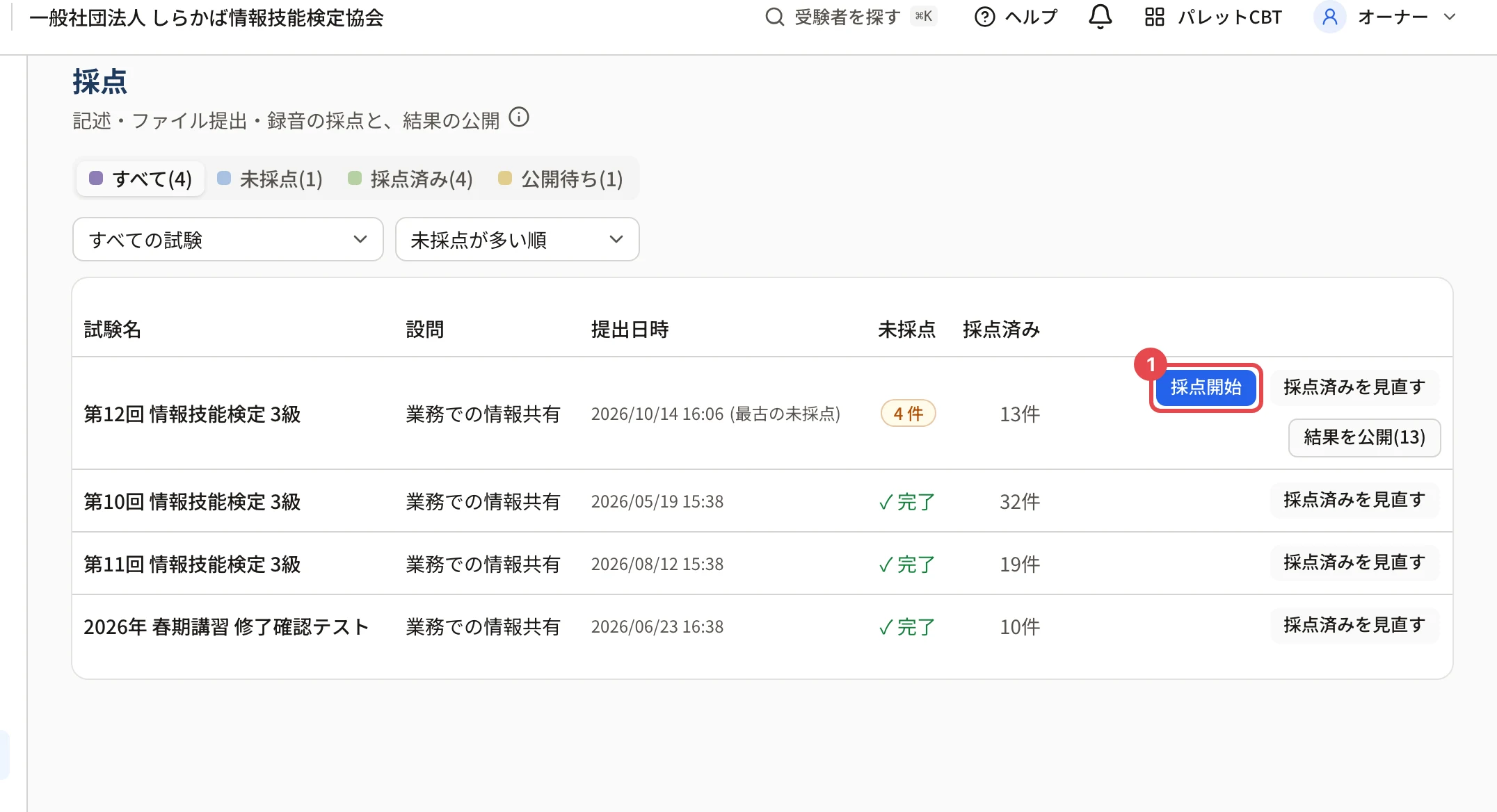 採点の画面。第12回 情報技能検定 3級の「業務での情報共有」の行の「採点開始」に枠と番号 1