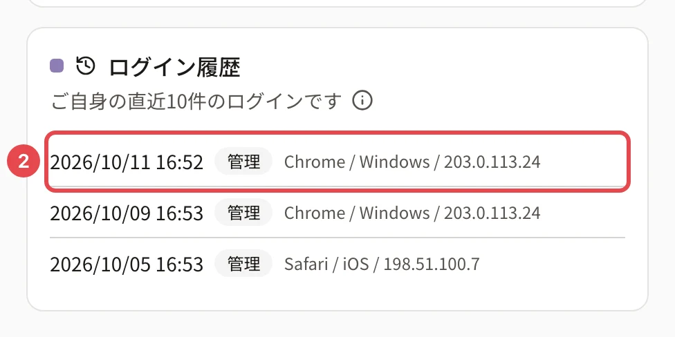 ログイン履歴のカード。日時・入口・端末・接続元の行が 3 件並び、先頭の行に枠と番号 2