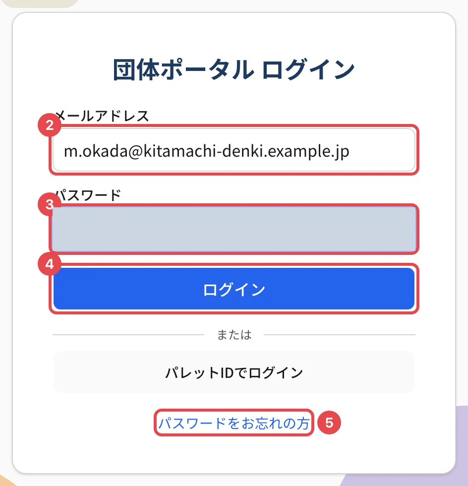 団体ポータル ログインの画面。メールアドレスに枠と番号 2、パスワードに枠と番号 3、「ログイン」に枠と番号 4、「パスワードをお忘れの方」に枠と番号 5
