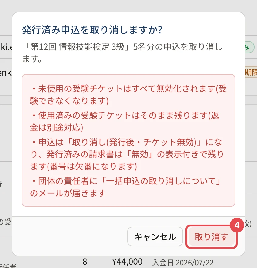 「発行済み申込を取り消しますか?」の確認。未使用の受験チケットはすべて無効化されること・使用済みはそのまま残ること・申込は「取り消し(発行後・チケット無効)」になり請求書は「無効」の表示付きで残ること・団体の責任者にメールが届くことの注意と、「取り消す」に枠と番号 4
