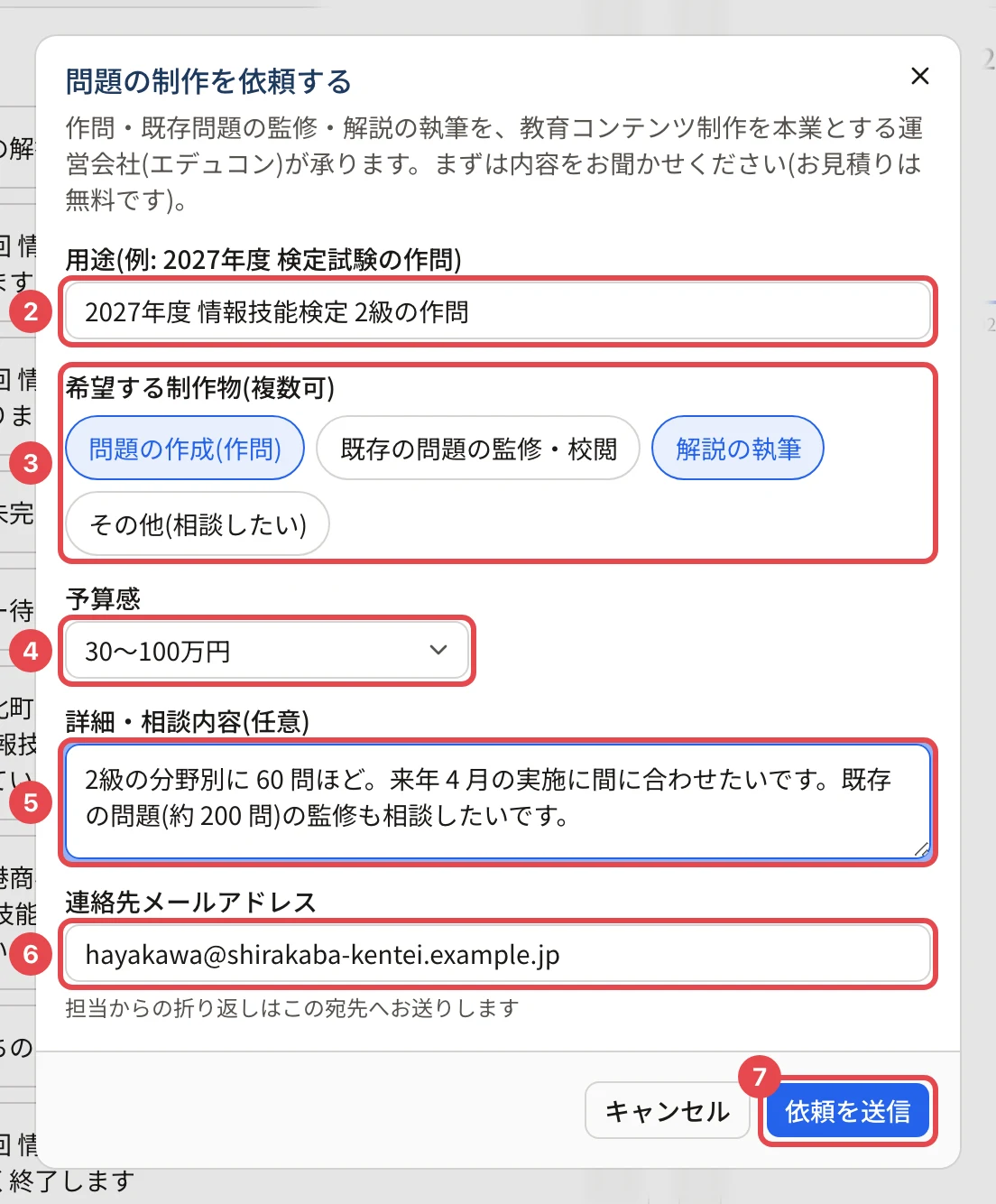 問題の制作を依頼するの画面。用途に番号 2、希望する制作物に番号 3、予算感に番号 4、詳細・相談内容に番号 5、連絡先メールアドレスに番号 6、「依頼を送信」に番号 7 の枠