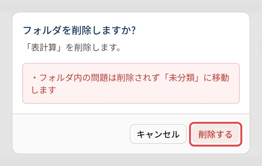 確認「フォルダを削除しますか?」。「フォルダ内の問題は削除されず『未分類』に移動します」の注記と「削除する」に枠