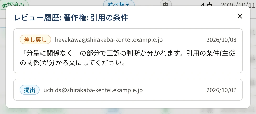 「レビュー履歴: 著作権: 引用の条件」の画面。「差し戻し」と理由、その前の「提出」が、操作した人のメールアドレスと日付つきで並ぶ