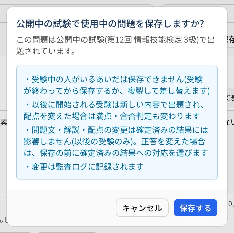 確認「公開中の試験で使用中の問題を保存しますか?」。受験中の人がいると保存できないこと、以後の受験から新しい内容で出題されること、確定済みの結果には影響しないこと、監査ログに残ることが並び、「キャンセル」「保存する」