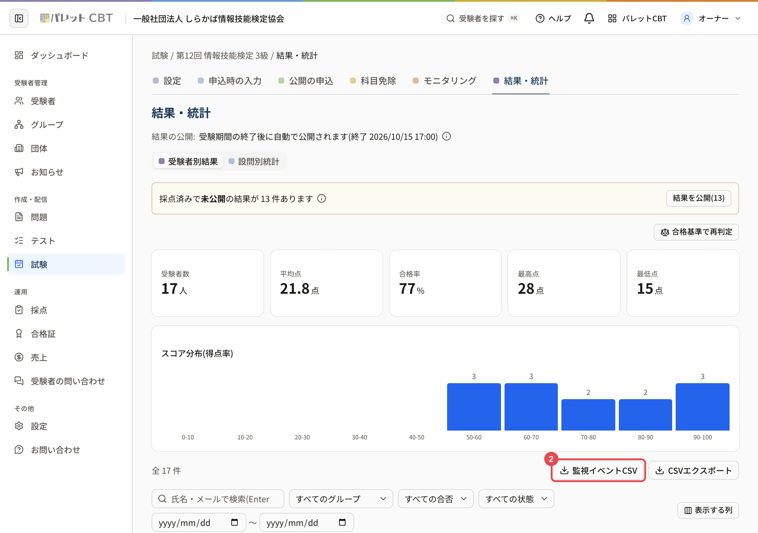 結果・統計の画面。「監視イベントCSV」に枠と番号 2