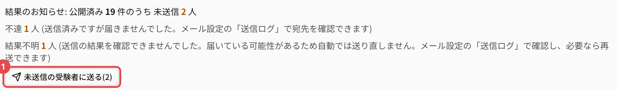 結果のお知らせの送信状況。公開済み 19 件のうち未送信 2 人・不達 1 人・結果不明 1 人の行と、「未送信の受験者に送る(2)」に枠と番号 1