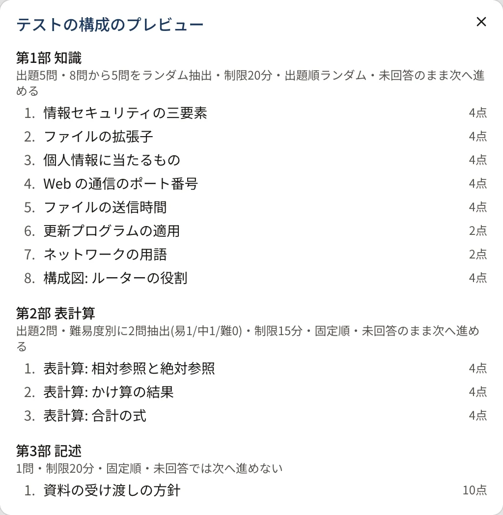 「テストの構成のプレビュー」。第1部 知識(8問から5問をランダム抽出・制限20分・出題順ランダム・未回答のまま次へ進める)、第2部 表計算、第3部 記述の問題と配点