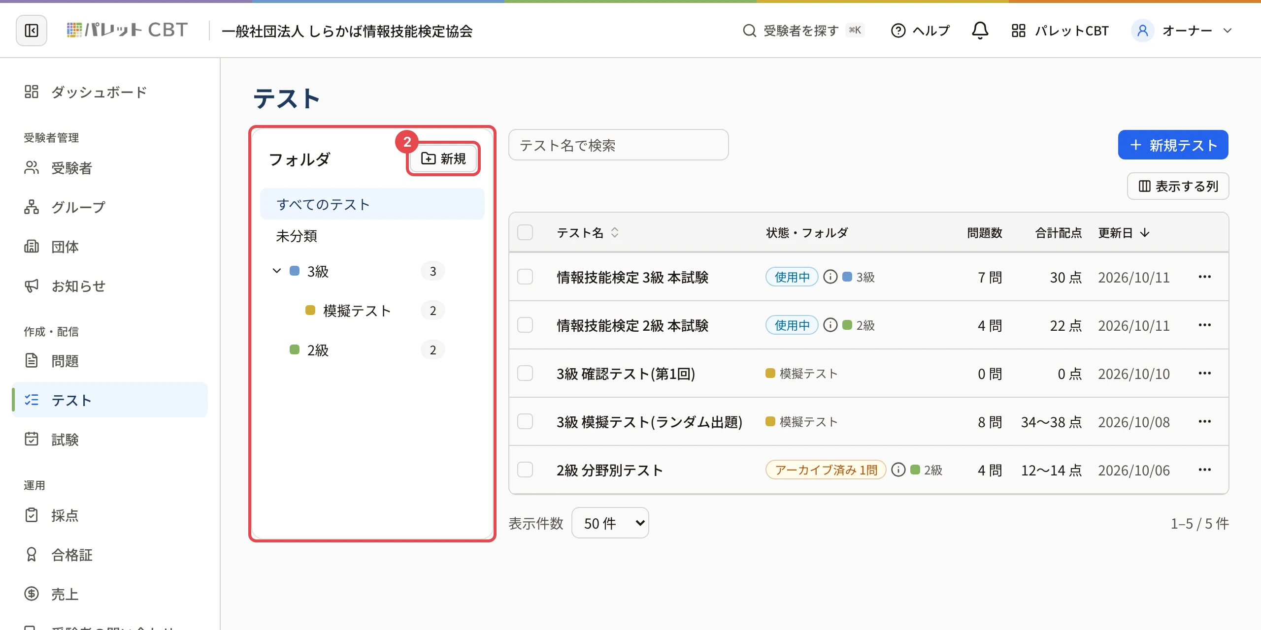 テストの一覧。左の「フォルダ」のカード(すべてのテスト・未分類・3級・模擬テスト・2級)に枠、「新規」に枠と番号 2