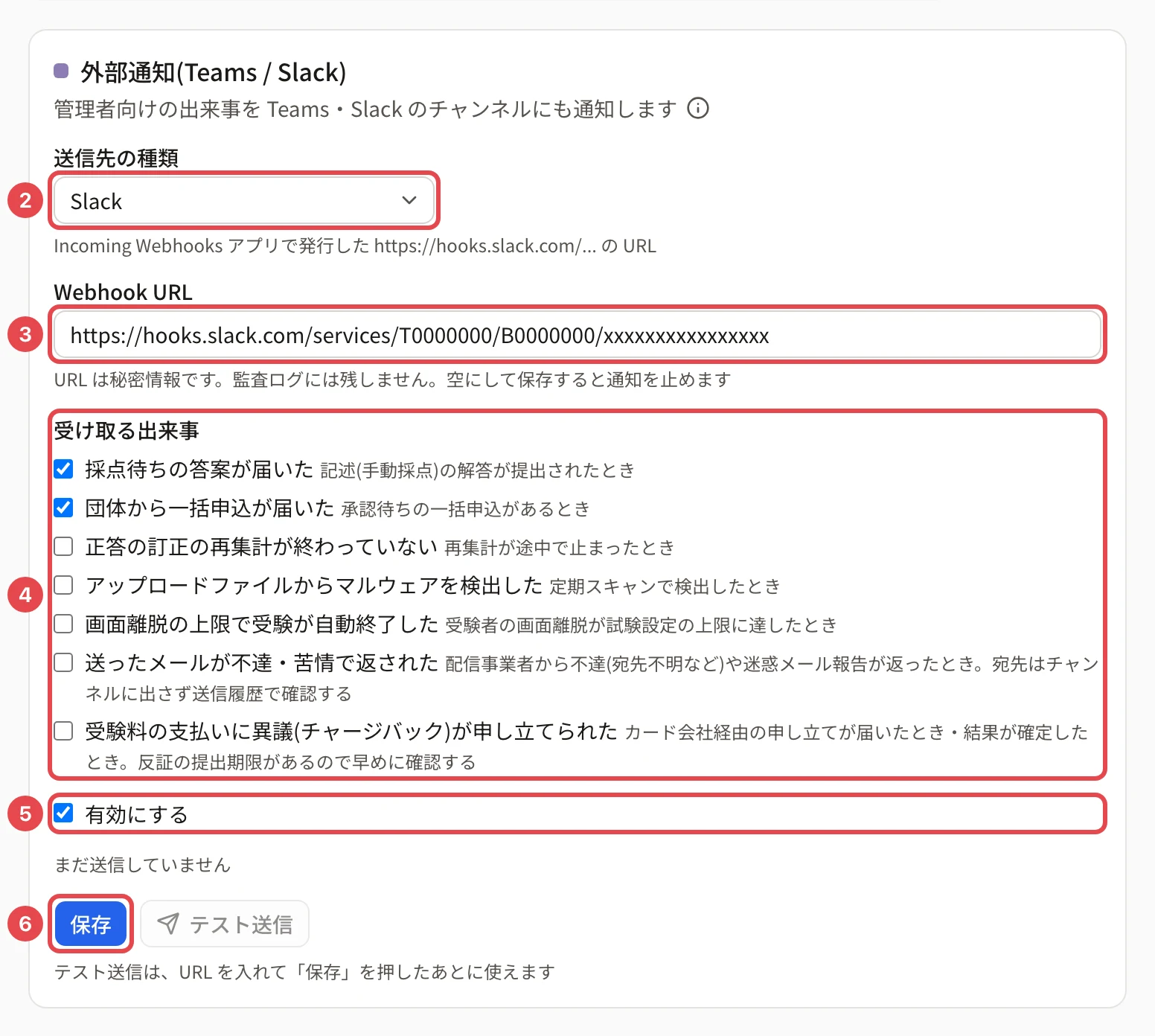 外部通知のカード。送信先の種類(Slack)に枠と番号 2、Webhook URL に枠と番号 3、受け取る出来事に枠と番号 4、「有効にする」に枠と番号 5、「保存」に枠と番号 6