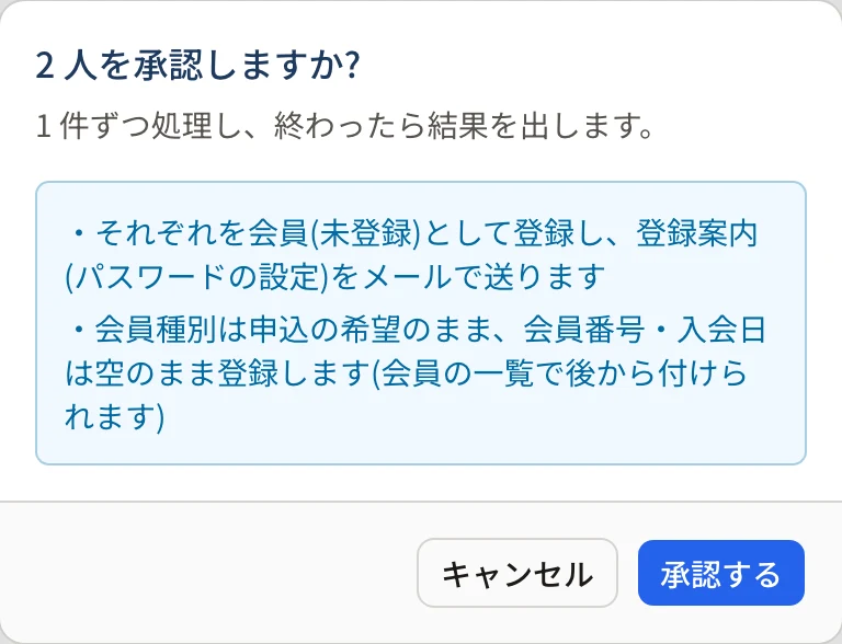 「2 人を承認しますか?」の確認。1 件ずつ処理し、終わったら結果を出す・それぞれを会員(未登録)として登録し登録案内を送る・会員種別は申込の希望のまま、会員番号・入会日は空のまま登録する、と書かれ、「承認する」がある