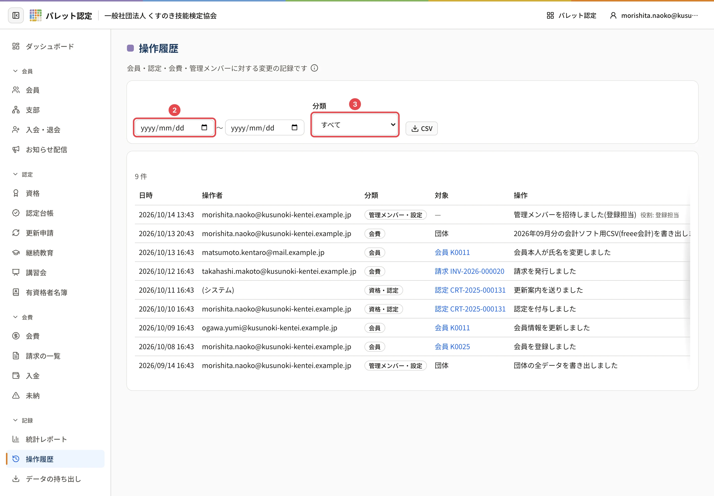 操作履歴の画面。開始日・終了日に番号 2、分類に番号 3 の枠