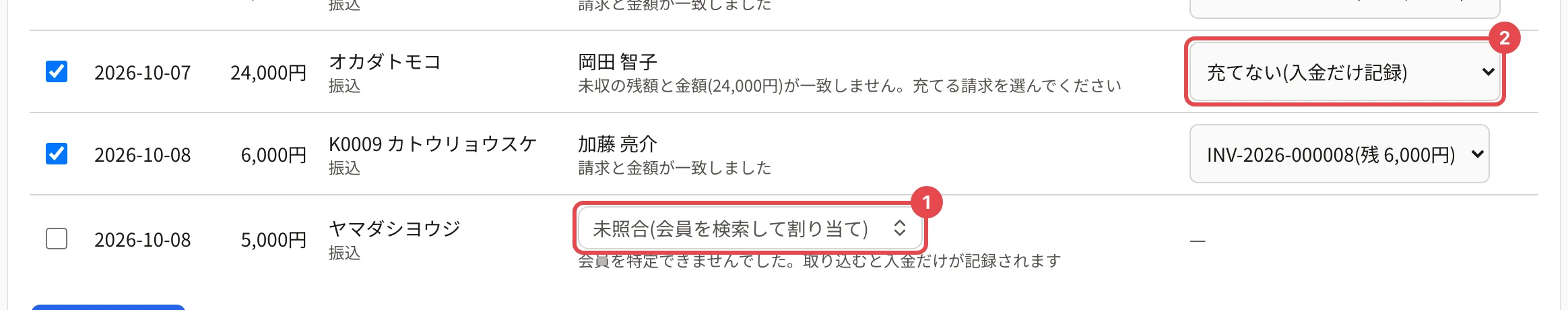 照合できなかった明細の行。ヤマダシヨウジの行の「未照合(会員を検索して割り当て)」に番号 1、オカダトモコの行の充てる請求「充てない(入金だけ記録)」に番号 2 の枠