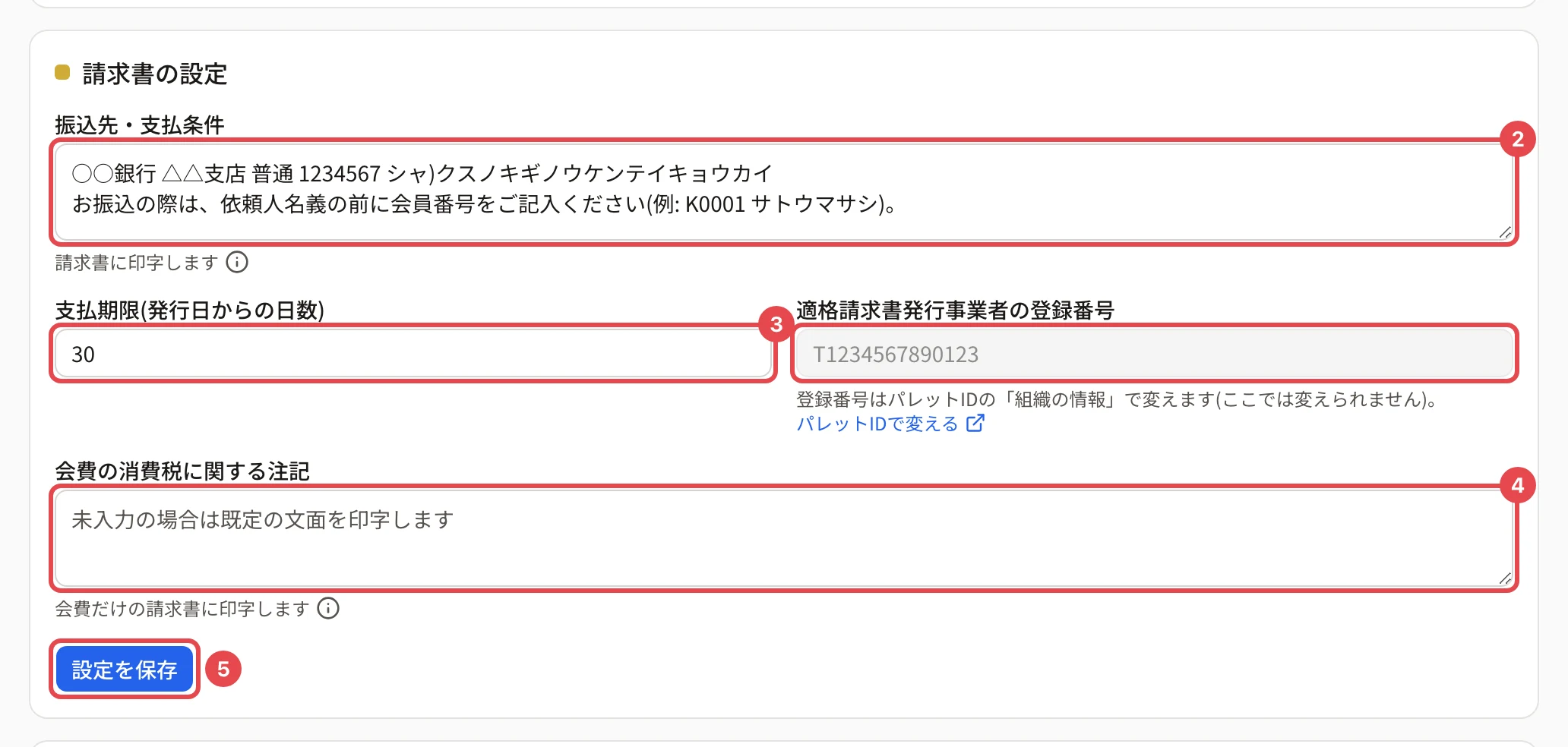 請求書の設定のカード。振込先・支払条件に番号 2、支払期限(発行日からの日数)に番号 3、会費の消費税に関する注記に番号 4、「設定を保存」に番号 5 の枠。適格請求書発行事業者の登録番号(読み取り。「登録番号はパレットIDの「組織の情報」で変えます」)に枠