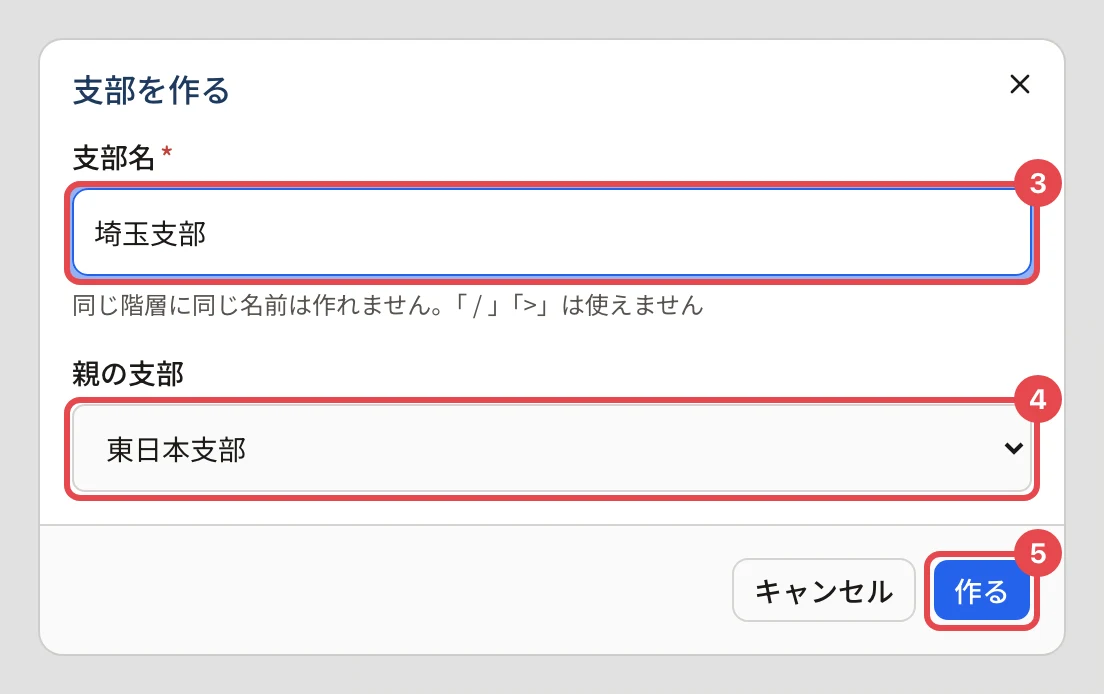 支部を作るのダイアログ。支部名「埼玉支部」に番号 3、親の支部「東日本支部」に番号 4、「作る」に番号 5 の枠。支部名の下に「同じ階層に同じ名前は作れません。「 / 」「>」は使えません」