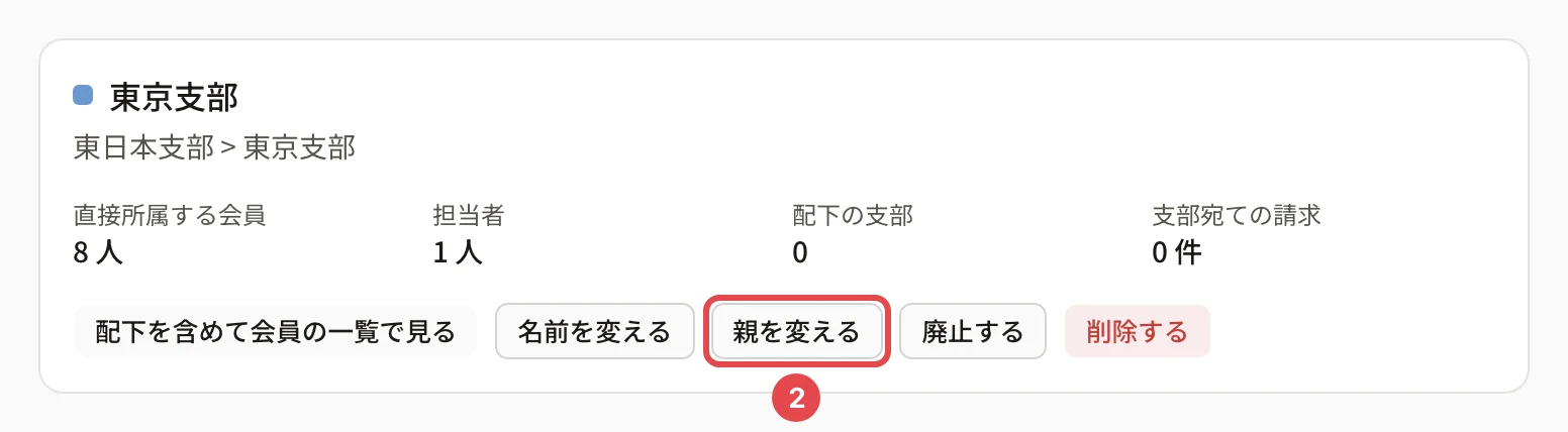 支部の詳細の上のカード。「親を変える」に番号 2 の枠