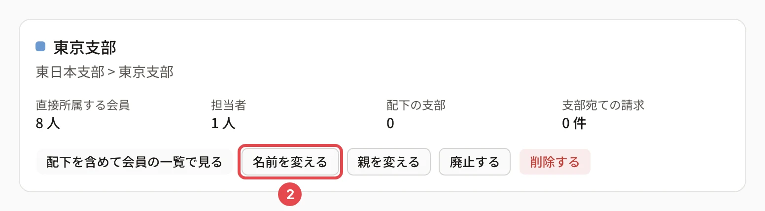 支部の詳細の上のカード。「名前を変える」に番号 2 の枠