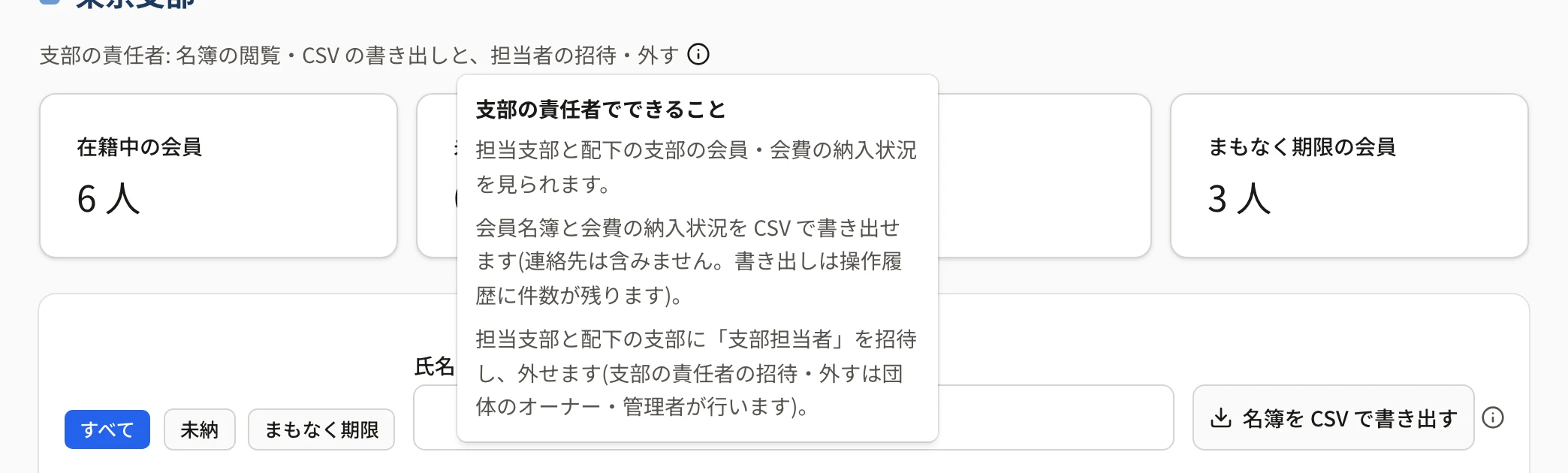 役割の説明の「i」を押して、支部の責任者でできることが開いたところ