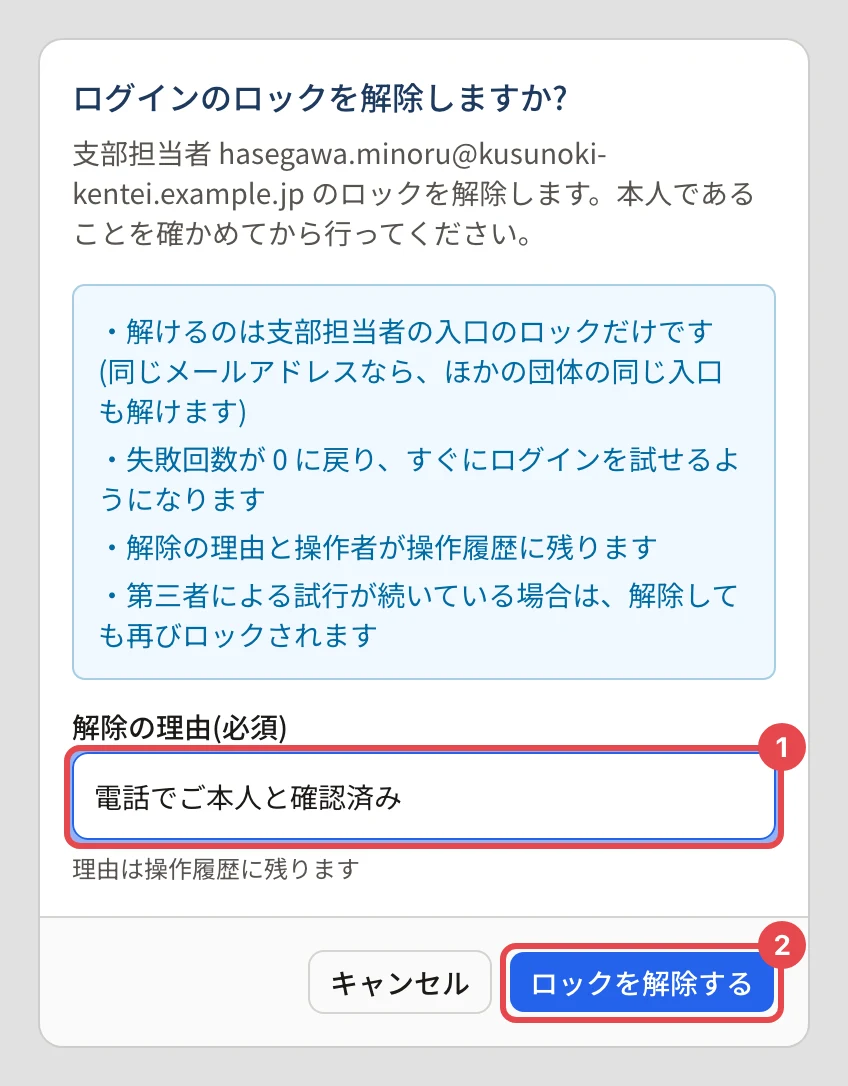 「ログインのロックを解除しますか?」の確認。支部担当者のロックを解除する・解けるのは支部担当者の入口のロックだけ、と書かれ、解除の理由に番号 1、「ロックを解除する」に番号 2 の枠