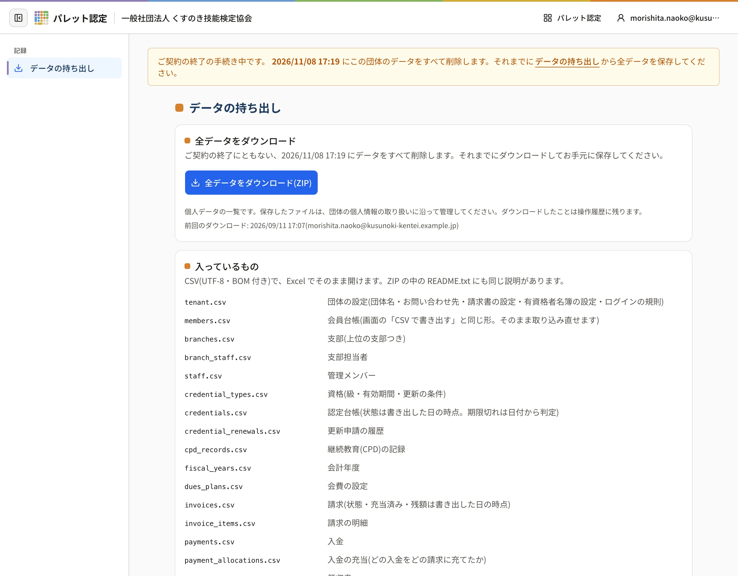 契約の終了の手続き中のデータの持ち出しの画面。左のメニューは「データの持ち出し」だけ。上の帯と「全データをダウンロード」のカードに、データをすべて削除する日時が出ている