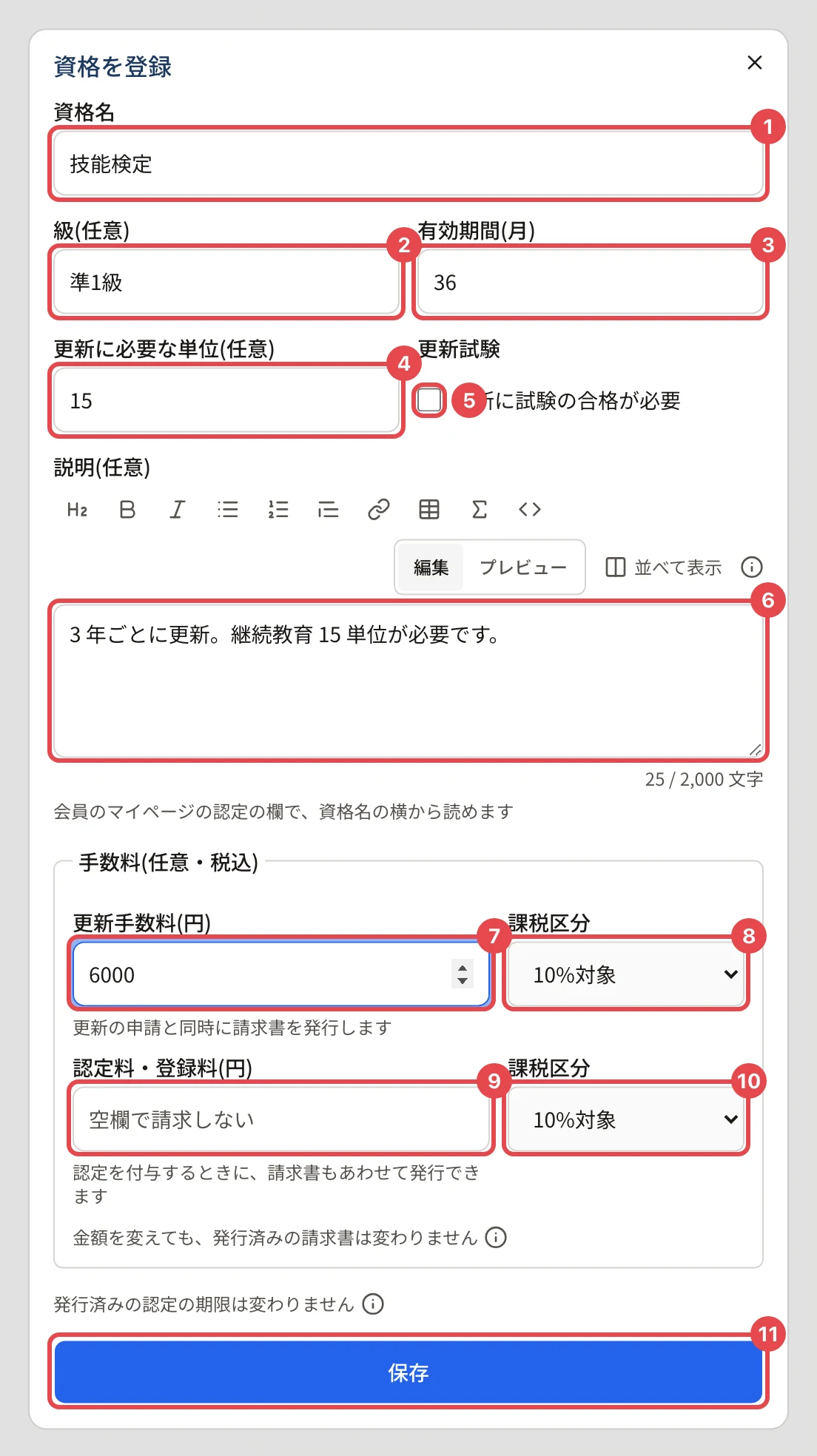 資格を登録のダイアログ。資格名に番号 1、級に番号 2、有効期間に番号 3、更新に必要な単位に番号 4、更新試験に番号 5、説明に番号 6、更新手数料に番号 7、その課税区分に番号 8、認定料・登録料に番号 9、その課税区分に番号 10、「保存」に番号 11 の枠