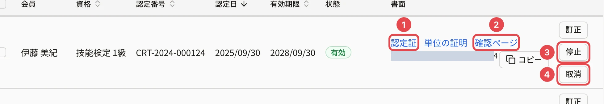 認定台帳の 1 行。「認定証」に番号 1、「確認ページ」に番号 2、「停止」に番号 3、「取消」に番号 4 の枠。確認コードは塗りつぶしてある
