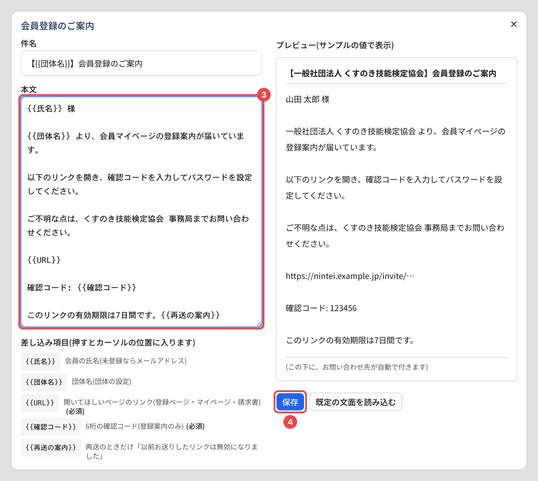 文面の編集のダイアログ。本文の終わりに「ご不明な点は、くすのき技能検定協会 事務局までお問い合わせください。」を書き足し、本文に番号 3、「保存」に番号 4 の枠。右のプレビューにも書き足した文が出ている