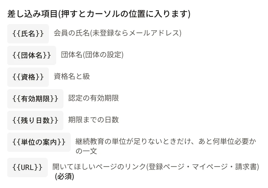 認定の更新案内の差し込み項目の一覧。{{氏名}}・{{団体名}}・{{資格}}・{{有効期限}}・{{残り日数}}・{{単位の案内}}・{{URL}}(必須)が並ぶ