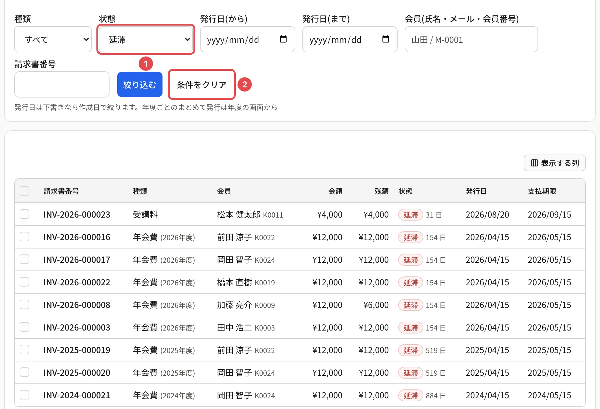 状態を「延滞」にして絞り込んだところ。状態の欄に番号 1、「条件をクリア」に番号 2 の枠。下に 2024〜2026 年度の延滞の請求が並ぶ