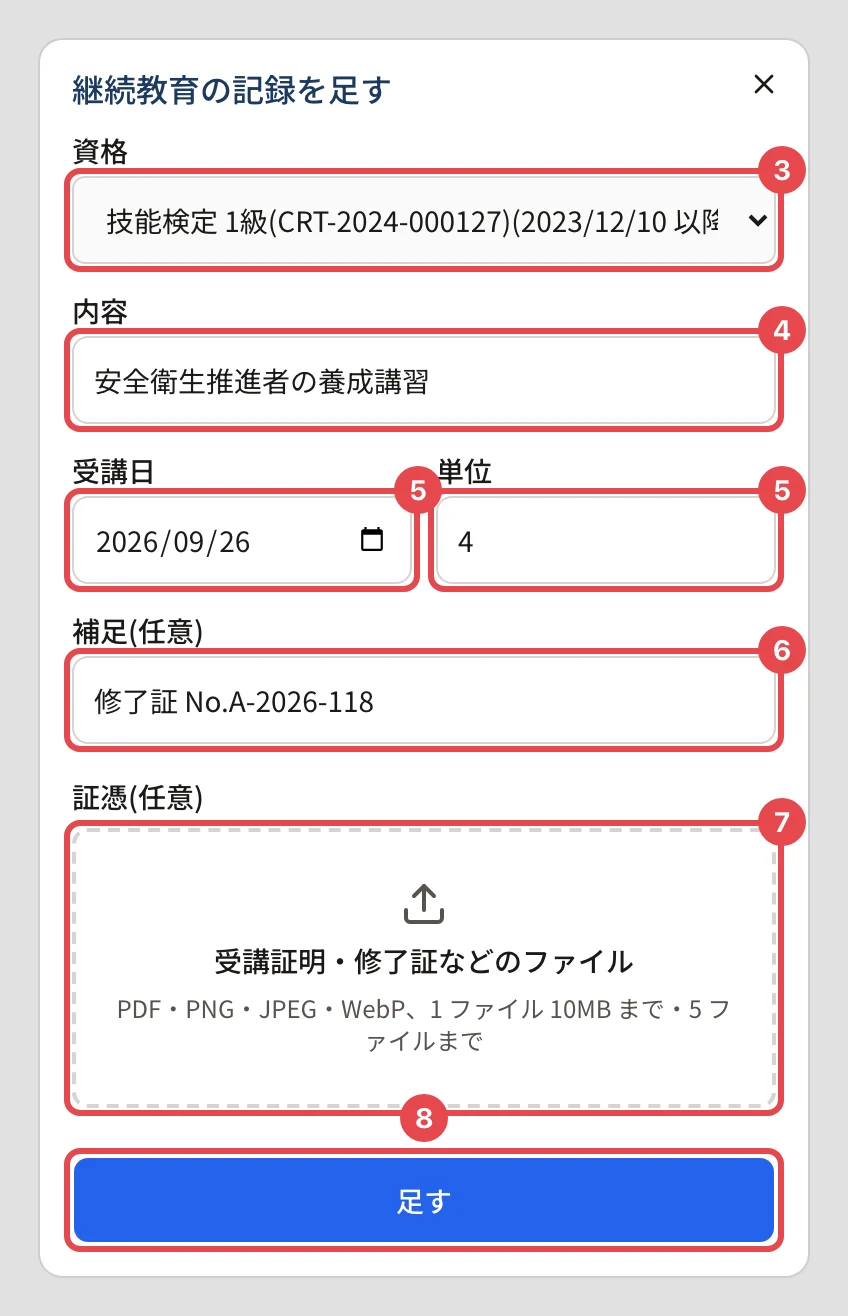 「継続教育の記録を足す」のダイアログ。資格(技能検定 1級(CRT-…)(2023/12/10 以降…))に番号 3、内容「安全衛生推進者の養成講習」に番号 4、受講日 2026/09/26 と単位 4 に番号 5、補足「修了証 No.A-2026-118」に番号 6、証憑のファイルの欄に番号 7、「足す」に番号 8 の枠
