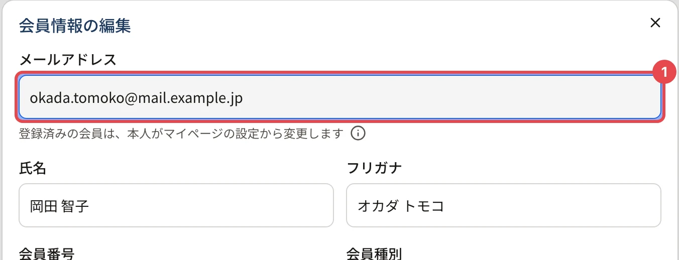 会員情報の編集のダイアログ。メールアドレスの欄が灰色で番号 1 の枠、下に「登録済みの会員は、本人がマイページの設定から変更します」